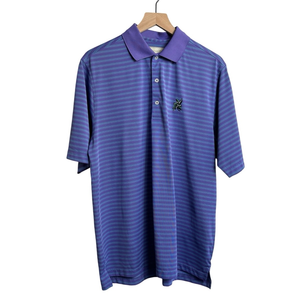 Donald Ross Polo Shirt Golf Striped Purple with flowers and golf club‎ logo Med